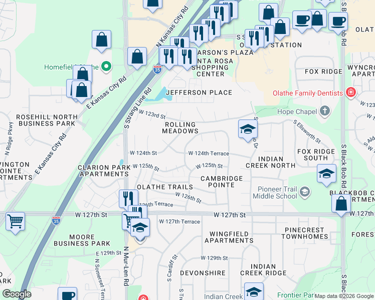 map of restaurants, bars, coffee shops, grocery stores, and more near 16214 West 124th Terrace in Olathe