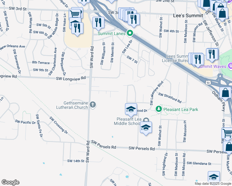 map of restaurants, bars, coffee shops, grocery stores, and more near 821 Southwest Daney Drive in Lee's Summit