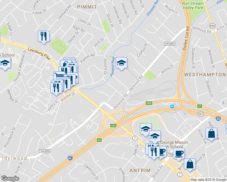 map of restaurants, bars, coffee shops, grocery stores, and more near 2200 Reddfield Drive in Falls Church