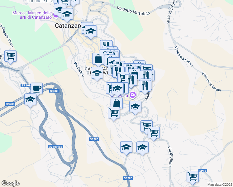 map of restaurants, bars, coffee shops, grocery stores, and more near 67 Vicolo Carbone in Catanzaro