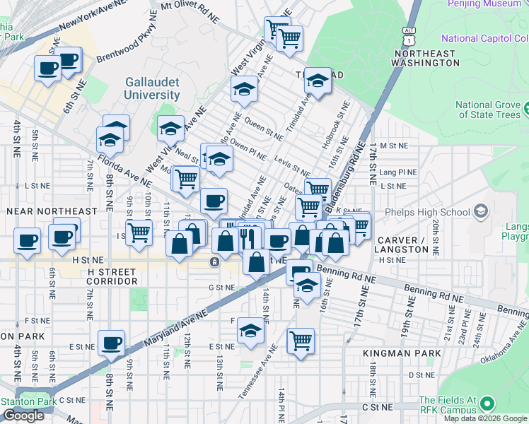 map of restaurants, bars, coffee shops, grocery stores, and more near 101 Independence Avenue Southeast in Washington