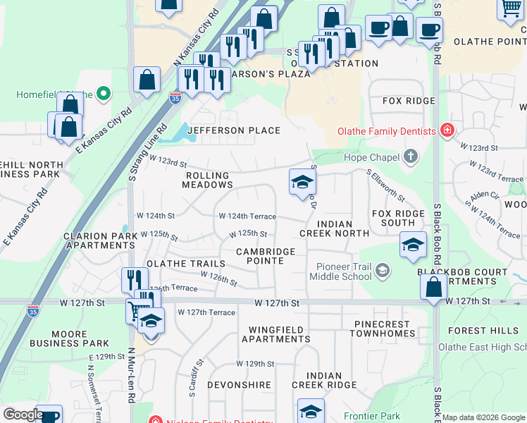map of restaurants, bars, coffee shops, grocery stores, and more near 15920 W 124th Terrace in Olathe