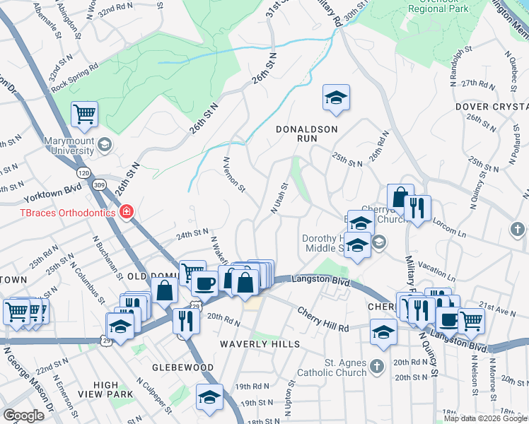 map of restaurants, bars, coffee shops, grocery stores, and more near 2337 North Vermont Street in Arlington