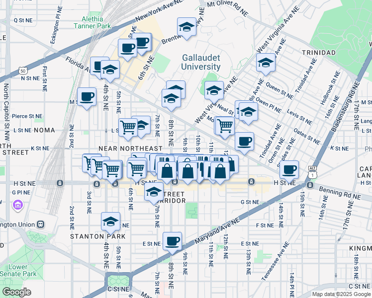 map of restaurants, bars, coffee shops, grocery stores, and more near 901 K Street Northwest in Washington