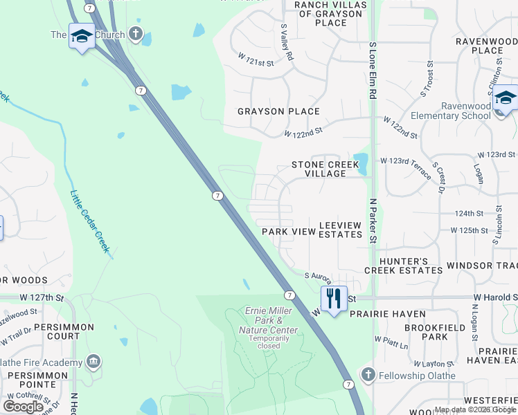 map of restaurants, bars, coffee shops, grocery stores, and more near 22131 West 124th Terrace in Olathe