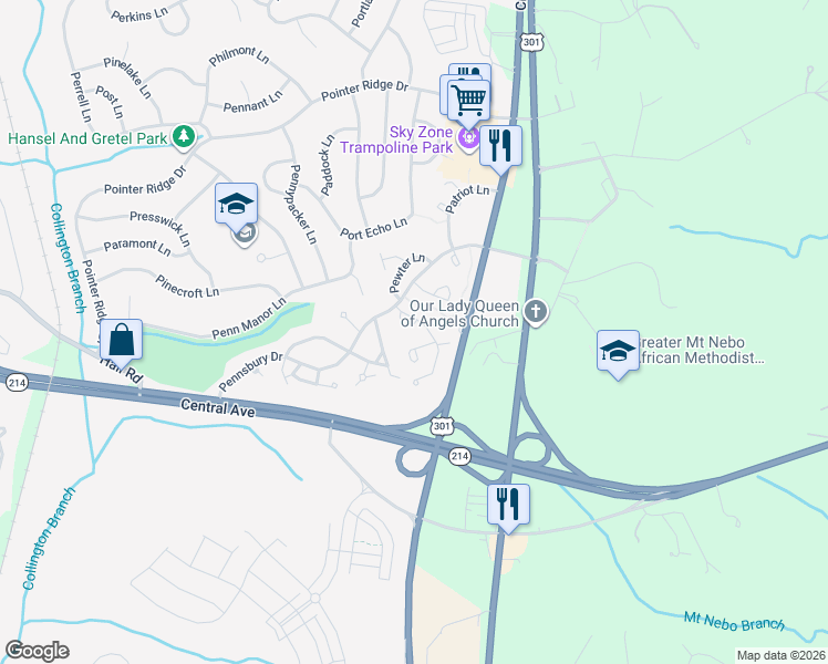 map of restaurants, bars, coffee shops, grocery stores, and more near 908 Pleasant Hill Lane in Bowie
