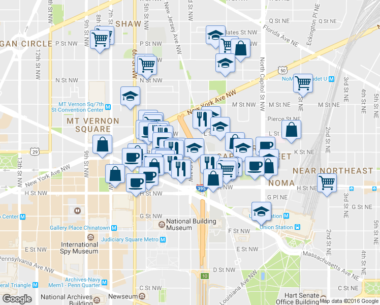 map of restaurants, bars, coffee shops, grocery stores, and more near 304 K Street Northwest in Washington