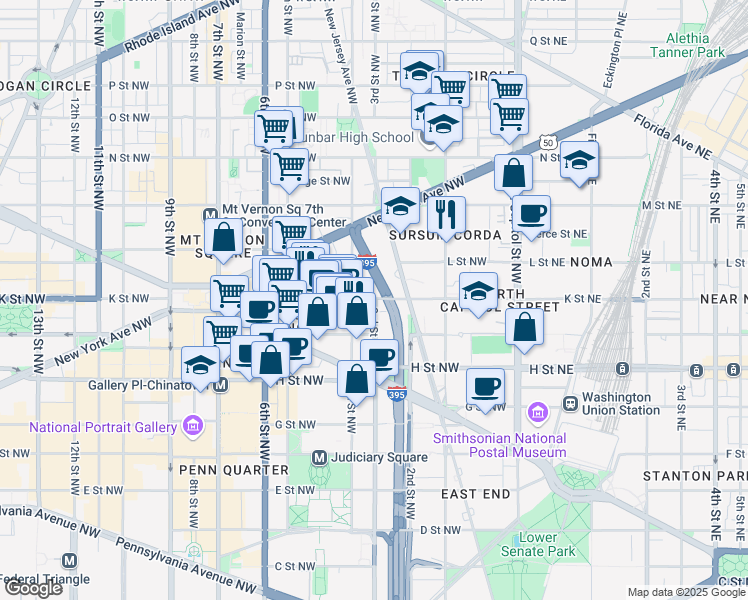 map of restaurants, bars, coffee shops, grocery stores, and more near 304 K Street Northwest in Washington