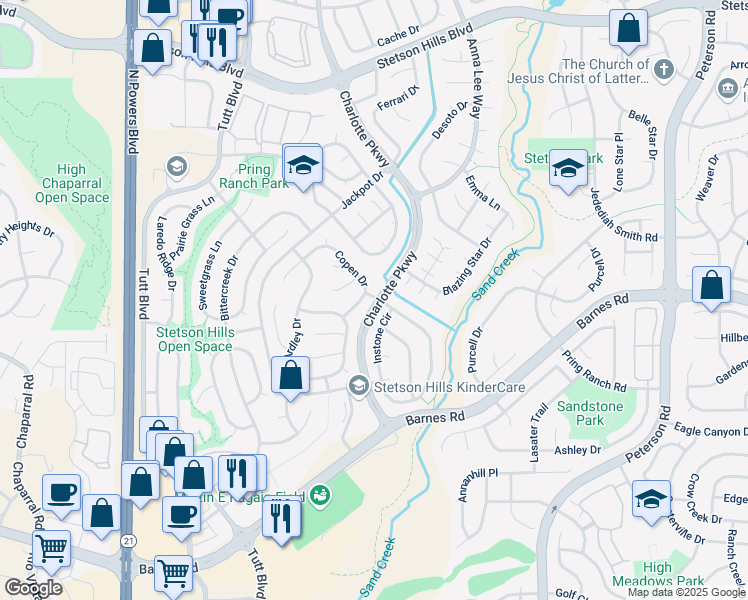 map of restaurants, bars, coffee shops, grocery stores, and more near 4794 Ardley Drive in Colorado Springs