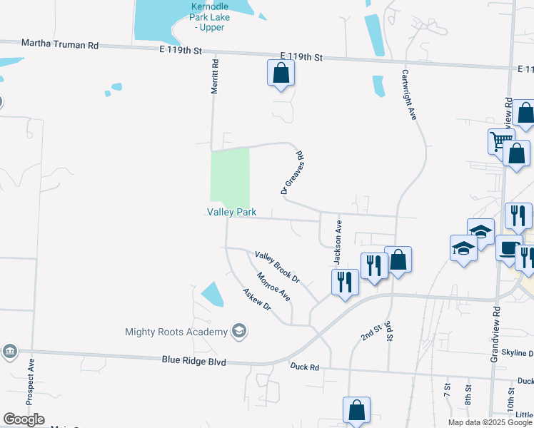 map of restaurants, bars, coffee shops, grocery stores, and more near 4012 East 123rd Terrace in Grandview