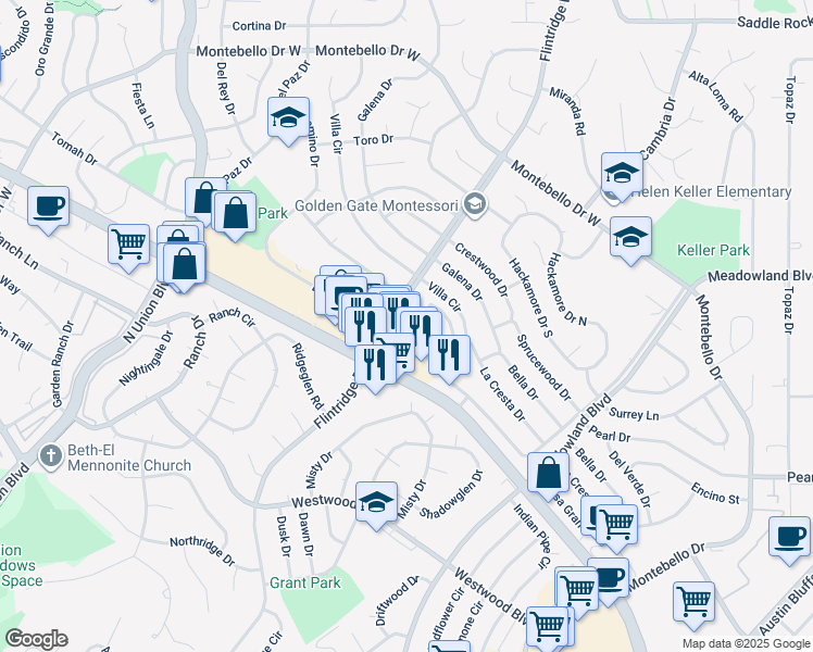 map of restaurants, bars, coffee shops, grocery stores, and more near 4875 El Camino Drive in Colorado Springs