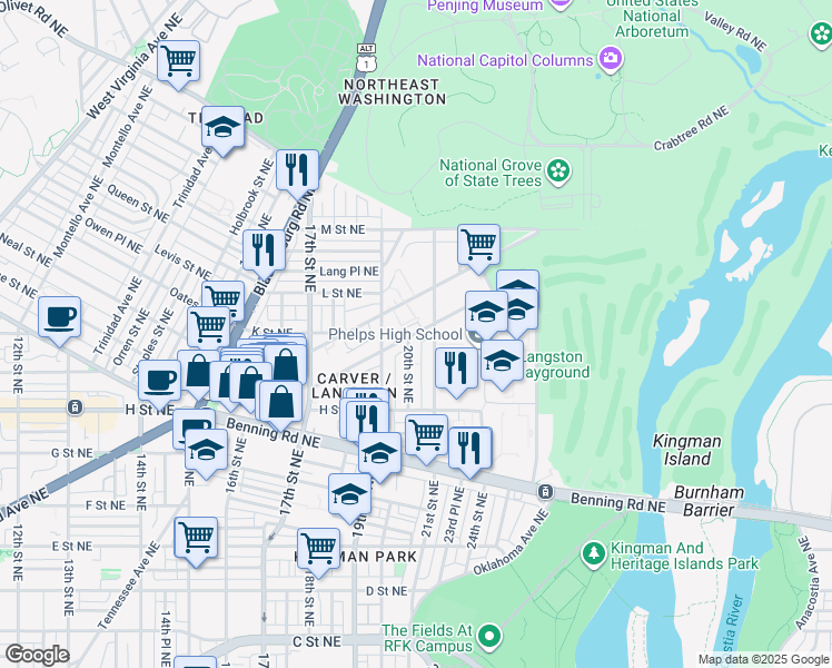 map of restaurants, bars, coffee shops, grocery stores, and more near 101 Independence Avenue Southeast in Washington