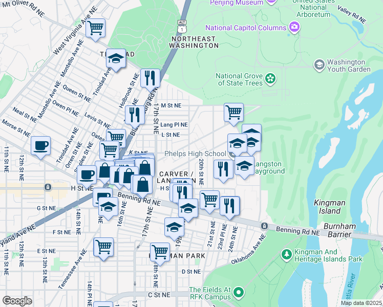 map of restaurants, bars, coffee shops, grocery stores, and more near 101 Independence Avenue Southeast in Washington