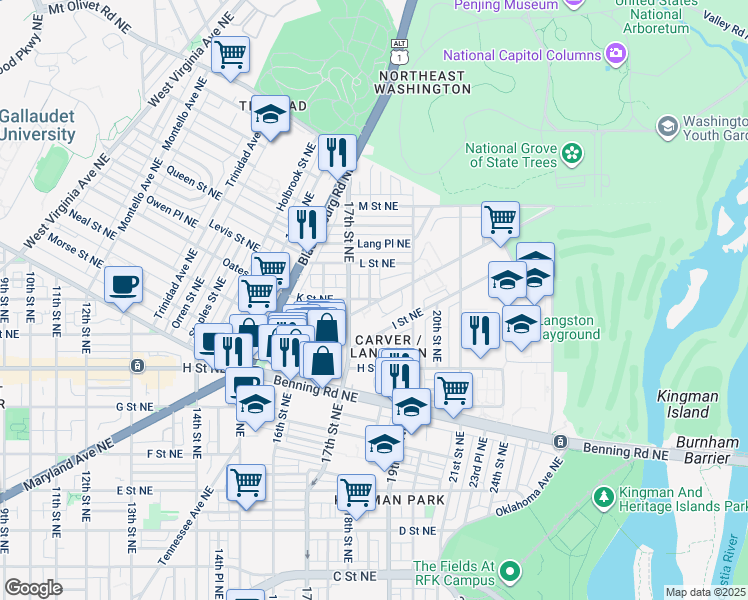 map of restaurants, bars, coffee shops, grocery stores, and more near 101 Independence Avenue Southeast in Washington