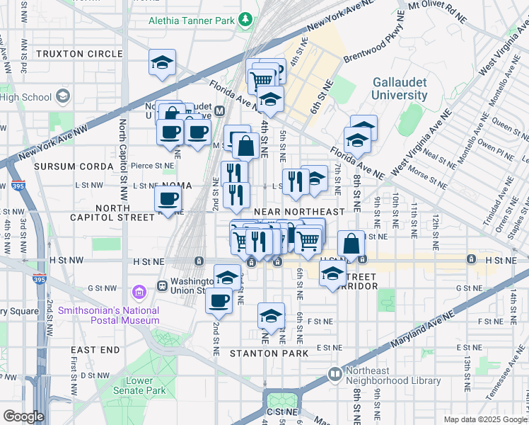 map of restaurants, bars, coffee shops, grocery stores, and more near 101 Independence Avenue Southeast in Washington