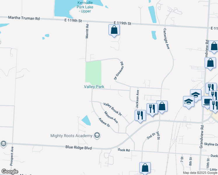 map of restaurants, bars, coffee shops, grocery stores, and more near 4012 East 123rd Terrace in Grandview