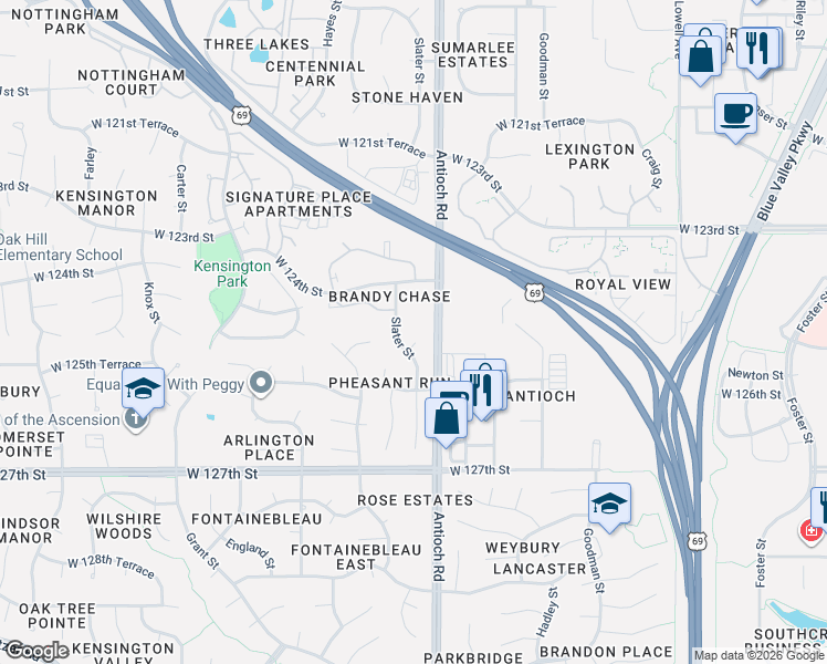map of restaurants, bars, coffee shops, grocery stores, and more near 12437 Slater Street in Overland Park