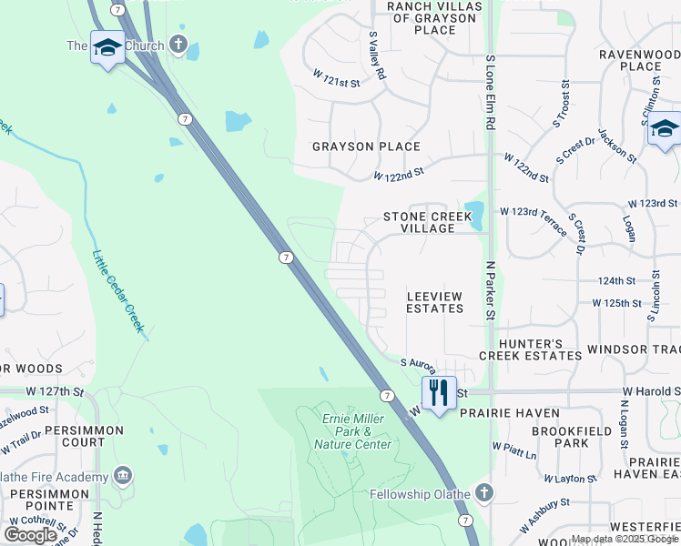 map of restaurants, bars, coffee shops, grocery stores, and more near 22113 West 124th Terrace in Olathe