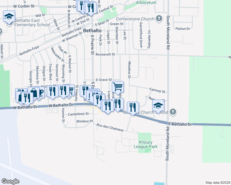 map of restaurants, bars, coffee shops, grocery stores, and more near 539 Sheridan Street in Bethalto