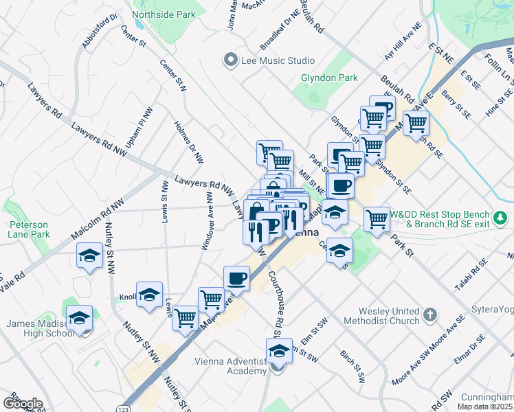 map of restaurants, bars, coffee shops, grocery stores, and more near 119 Wilmar Place Northwest in Vienna