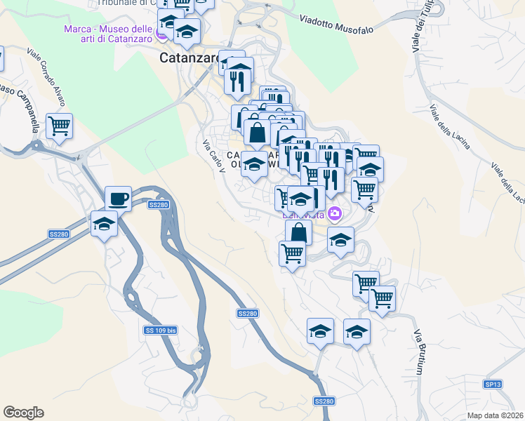 map of restaurants, bars, coffee shops, grocery stores, and more near 140 Via Gaspare Colosimo in Catanzaro