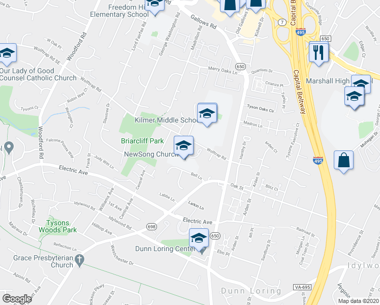 map of restaurants, bars, coffee shops, grocery stores, and more near 2168 Wolftrap Court in Vienna