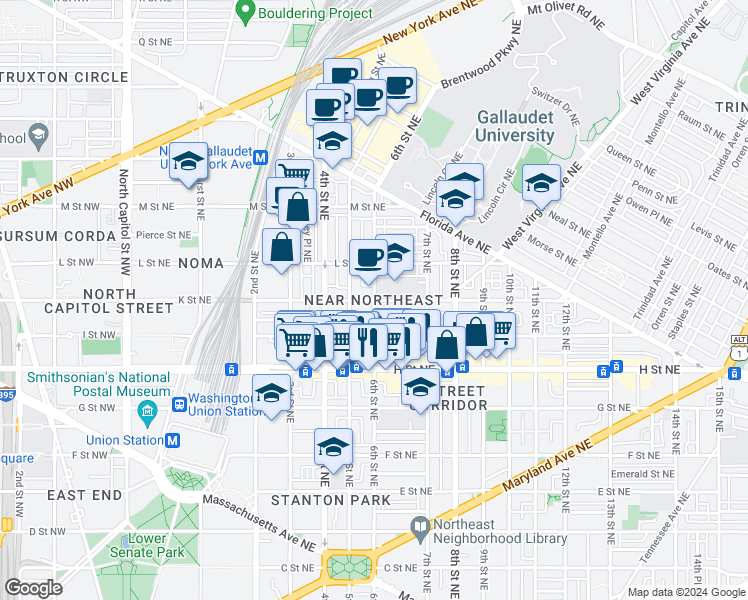 map of restaurants, bars, coffee shops, grocery stores, and more near 6th Street Northeast & K Street Northeast in Washington