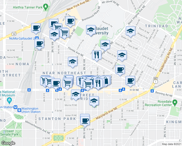 map of restaurants, bars, coffee shops, grocery stores, and more near K Street Northeast & 9th Street Northeast in Washington