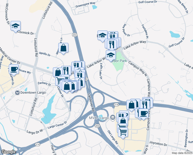 map of restaurants, bars, coffee shops, grocery stores, and more near 10109 Autumn Ridge Court in Bowie
