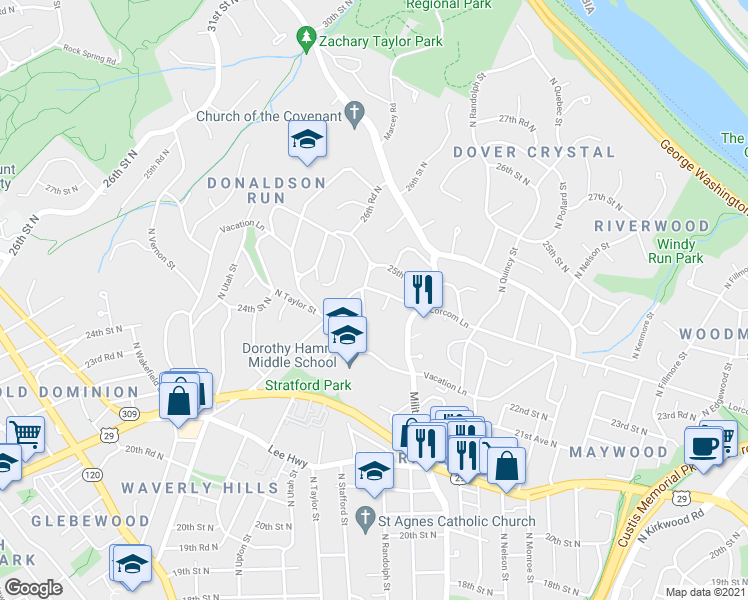 map of restaurants, bars, coffee shops, grocery stores, and more near 4074 Lorcom Lane in Arlington