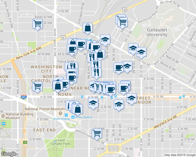 map of restaurants, bars, coffee shops, grocery stores, and more near 3rd St NE & K St NE in Washington