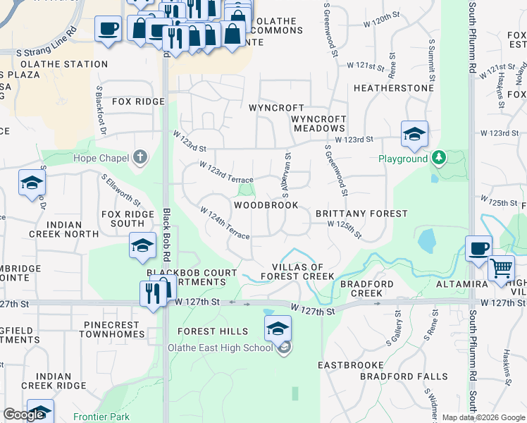 map of restaurants, bars, coffee shops, grocery stores, and more near 12438 South Mullen Circle in Olathe