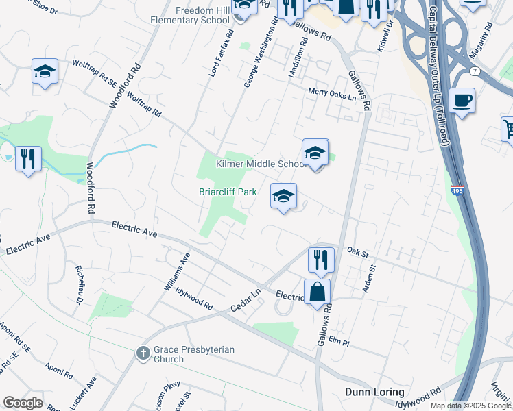 map of restaurants, bars, coffee shops, grocery stores, and more near 2219 Briarcliff Court in Tysons