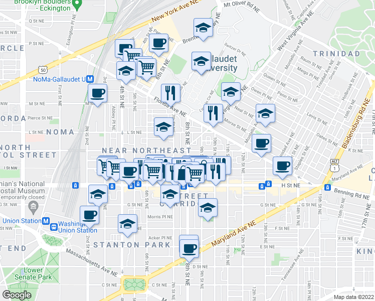map of restaurants, bars, coffee shops, grocery stores, and more near 8th St NE & K St NE in Washington