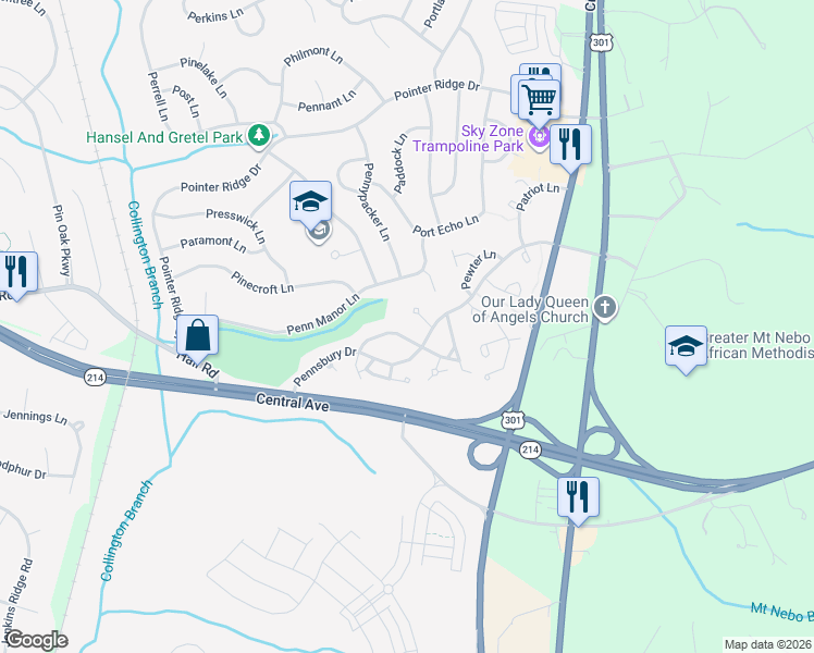 map of restaurants, bars, coffee shops, grocery stores, and more near 16138 Parklawn Place in Bowie