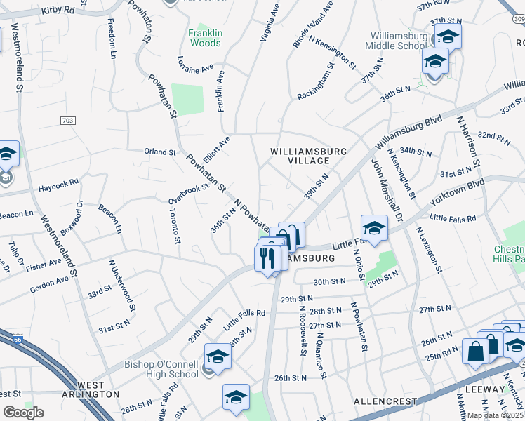 map of restaurants, bars, coffee shops, grocery stores, and more near 3527 Rockingham Street in Arlington
