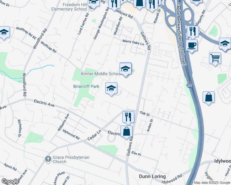 map of restaurants, bars, coffee shops, grocery stores, and more near 2168 Wolftrap Court in Vienna