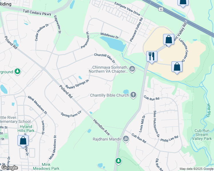 map of restaurants, bars, coffee shops, grocery stores, and more near 25834 Janes Court in Chantilly