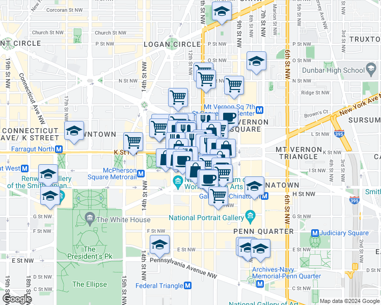 map of restaurants, bars, coffee shops, grocery stores, and more near K St NW & 12th St NW in Washington