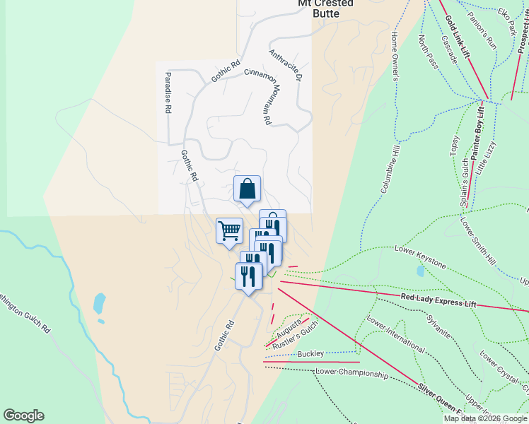 map of restaurants, bars, coffee shops, grocery stores, and more near 39 Whetstone Road in Crested Butte