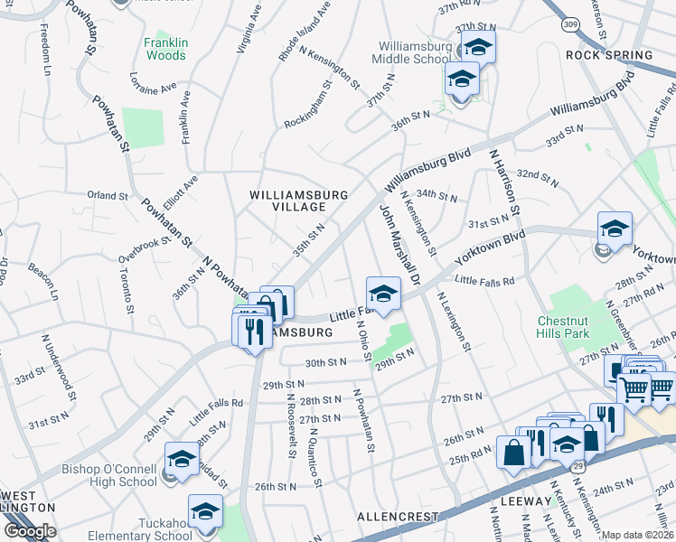 map of restaurants, bars, coffee shops, grocery stores, and more near 3264 North Ohio Street in Arlington