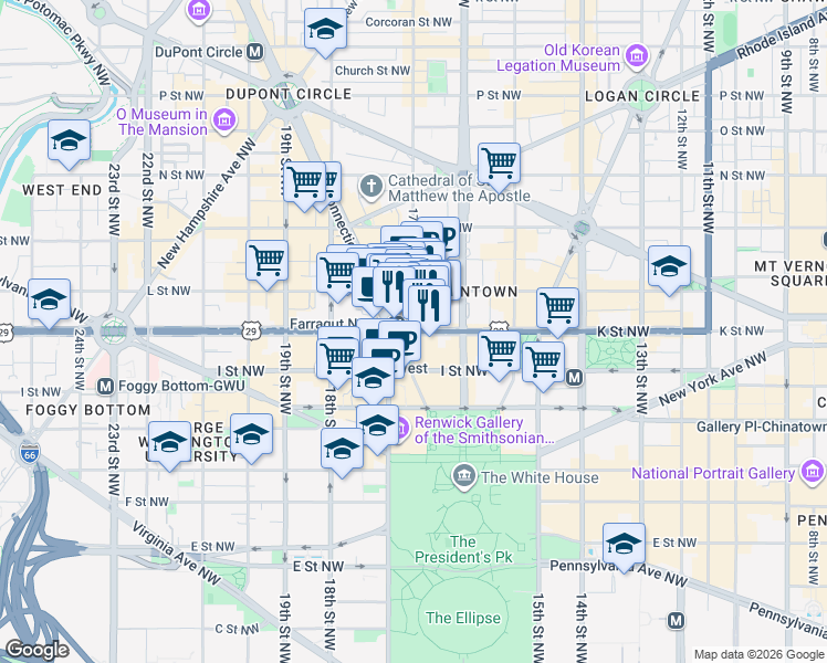 map of restaurants, bars, coffee shops, grocery stores, and more near K St NW & 17th St NW in Washington