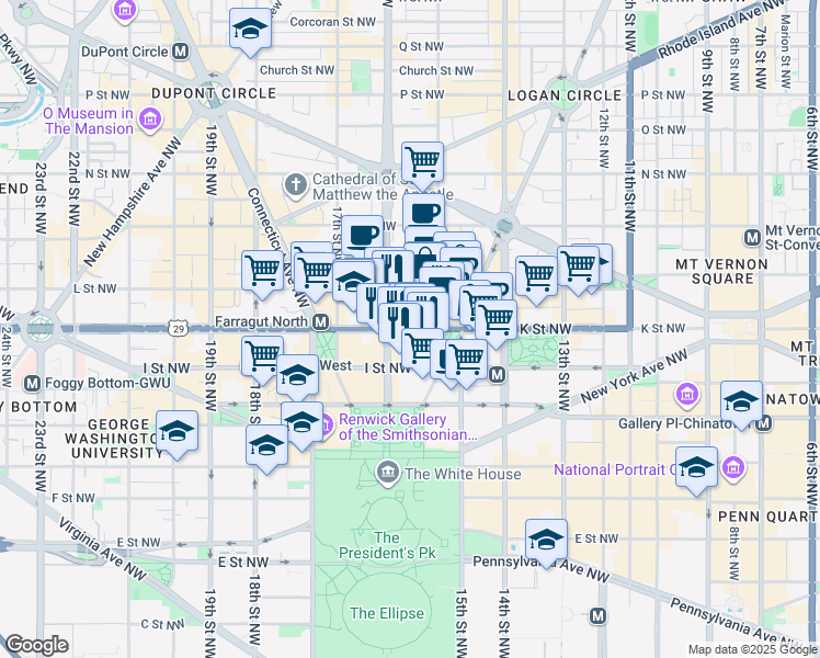 map of restaurants, bars, coffee shops, grocery stores, and more near 1511 K St NW in Washington