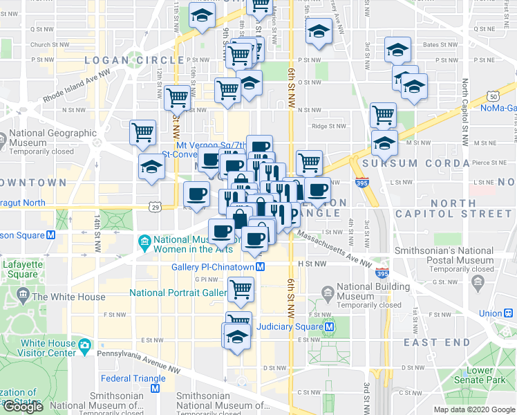 map of restaurants, bars, coffee shops, grocery stores, and more near 999 7th Street Northwest in Washington