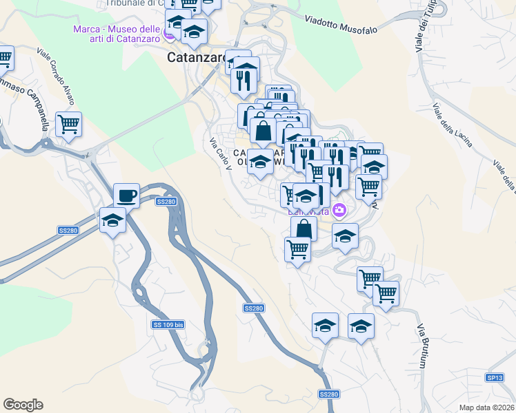 map of restaurants, bars, coffee shops, grocery stores, and more near 140 Via Gaspare Colosimo in Catanzaro