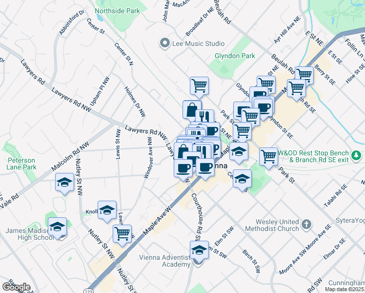 map of restaurants, bars, coffee shops, grocery stores, and more near 119 Wilmar Place Northwest in Vienna