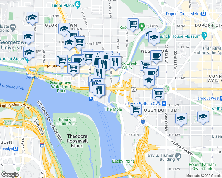 map of restaurants, bars, coffee shops, grocery stores, and more near 3700 K St NW in Washington