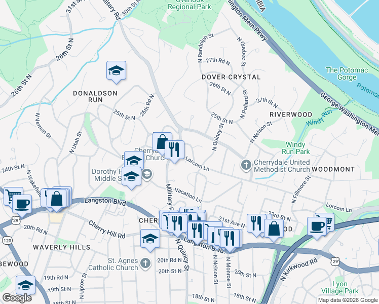 map of restaurants, bars, coffee shops, grocery stores, and more near 2360 North Quebec Street in Arlington