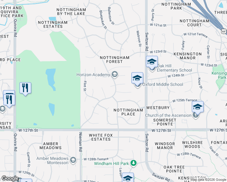 map of restaurants, bars, coffee shops, grocery stores, and more near 12500 Nieman Road in Overland Park