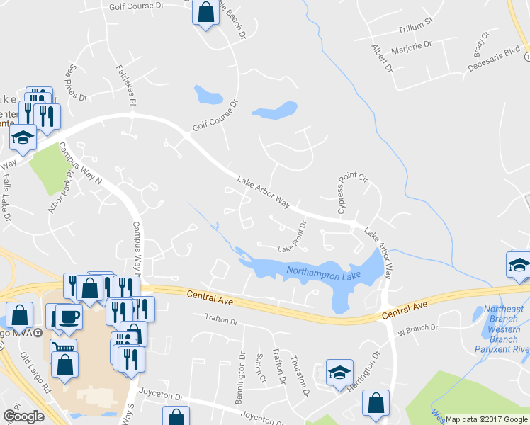 map of restaurants, bars, coffee shops, grocery stores, and more near 11200 Lake Vista Lane in Bowie